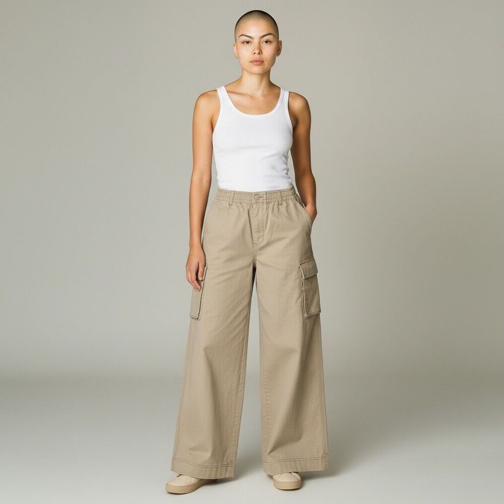 Old Navy Womens High Rise Pull On Wide Leg Cargo Pant Teakwood Khaki Size Small